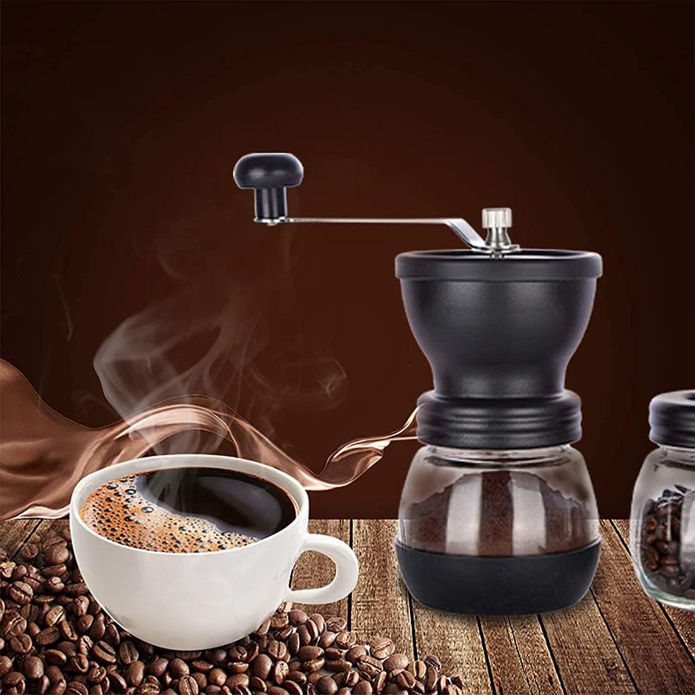 Manuelle Kaffeemühle mit Keramik-Frässtiften, 350 ml,Glasdosen, Silikonabdeckung und Edelstahlgriff,