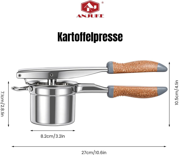 Kartoffelpresse Edelstahl mit fester Scheibe, Robuster Kartoffelstampfer mit Holz-Kunststoff-Griff,