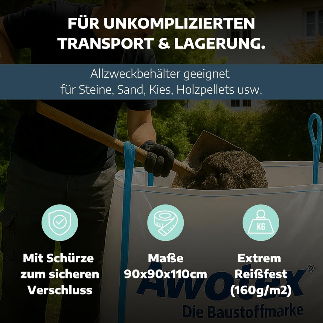 AWOTEX 1 Stück Big Bag beschichtet in 90 x 90 x 110 cm I Sack mit 4 Hebeschlaufen I mit 1000kg Tragl