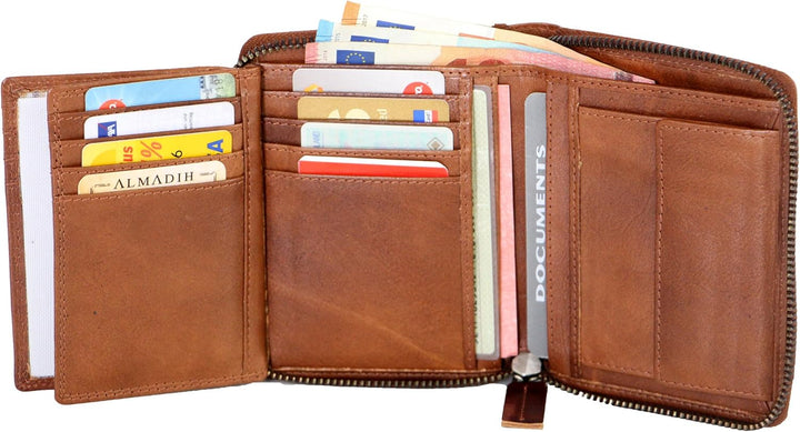 ALMADIH Premium Leder Portemonnaie RFID-Schutz Hochformat mit Reissverschluss 13 Kartenfächer in Ges