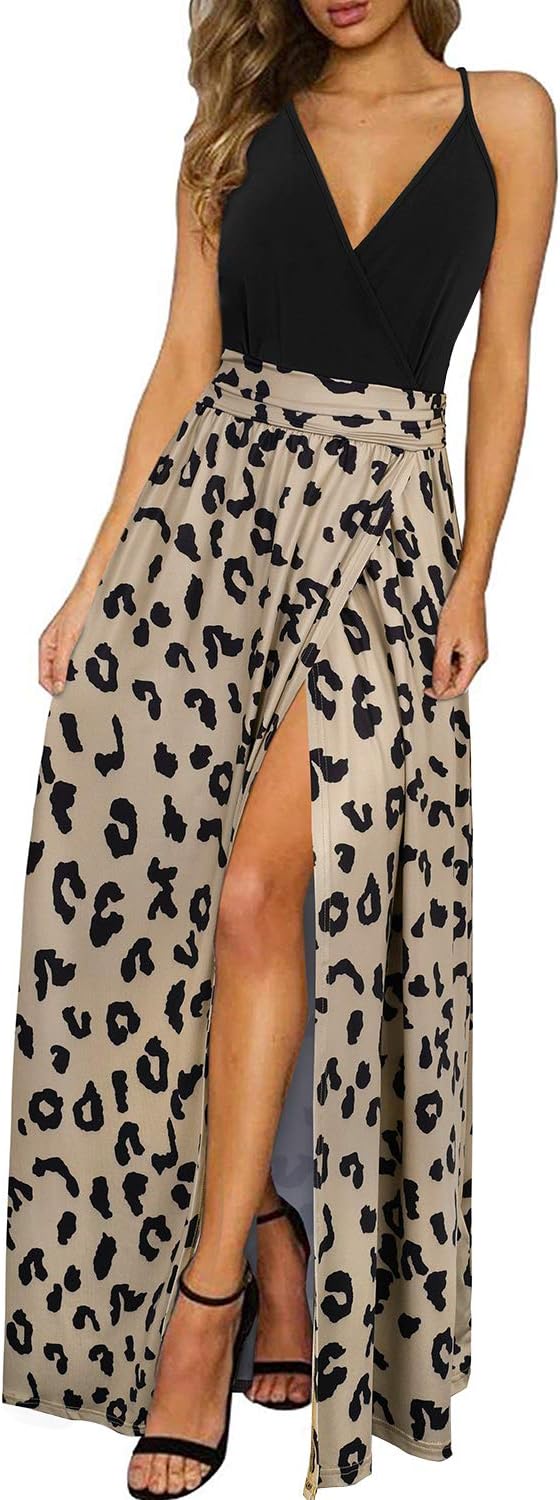 Newshows Sommerkleid Damen Lang Maxikleid Sommer V Ausschnitt Kleid Schlitz Elegant Spaghettiträger