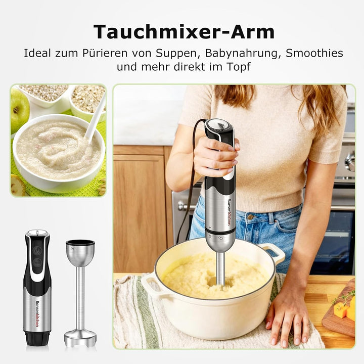Bonsenkitchen Stabmixer 4-in-1, 1000W Edelstahl mit 12 Stufen Turbo, Schneebesen 700ml Messbecher Le