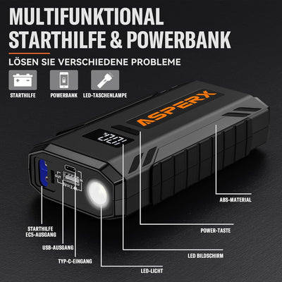 ASPERX Starthilfe Powerbank 2000A Spitze Auto Starthilfe Powerbank 12V Booster Auto Starthilfe (Bis