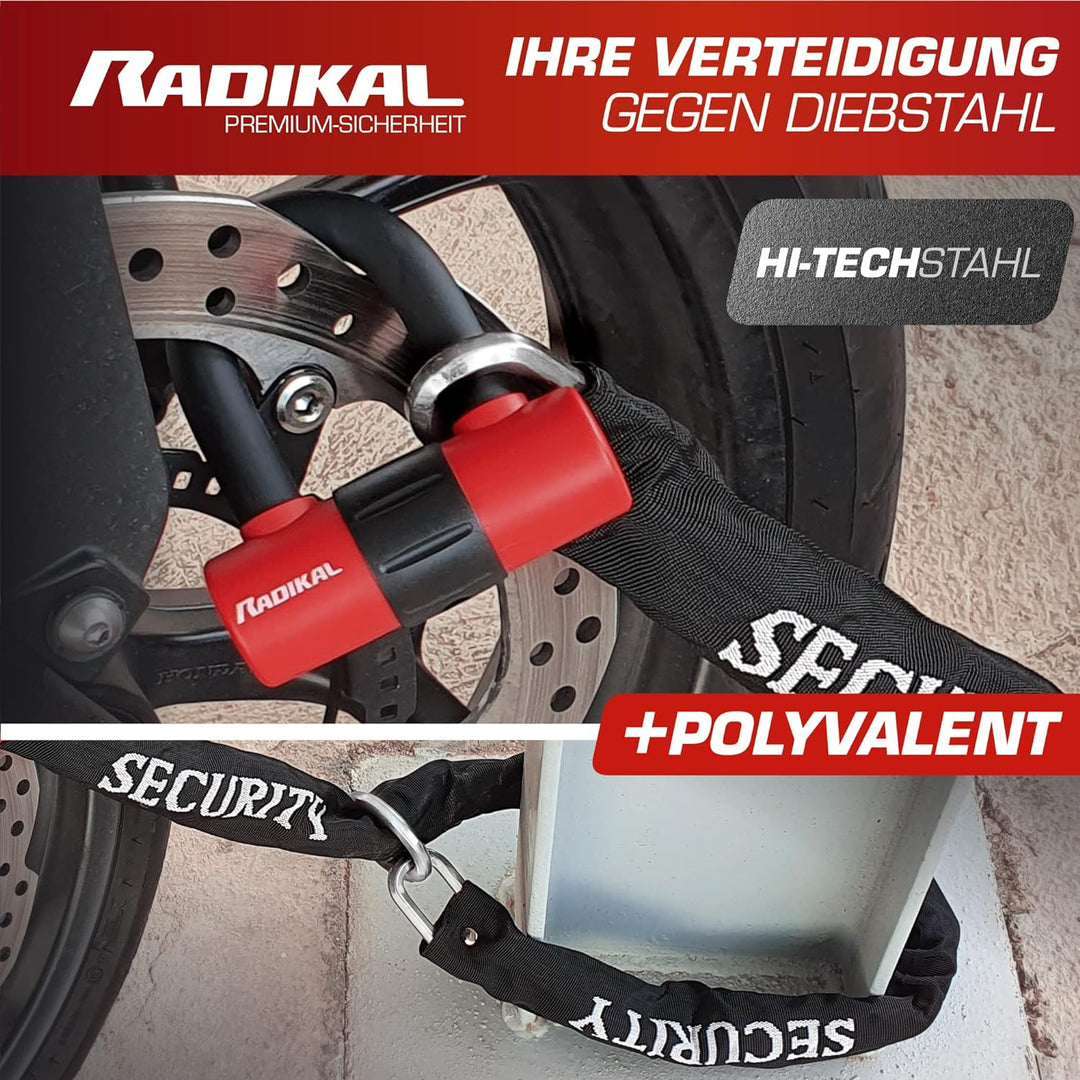 RADIKAL RK72120L Diebstahlsicherung Motorrad 2 in 1 Doppelfunktion Kettenschlaufe 120 cm und Mini U