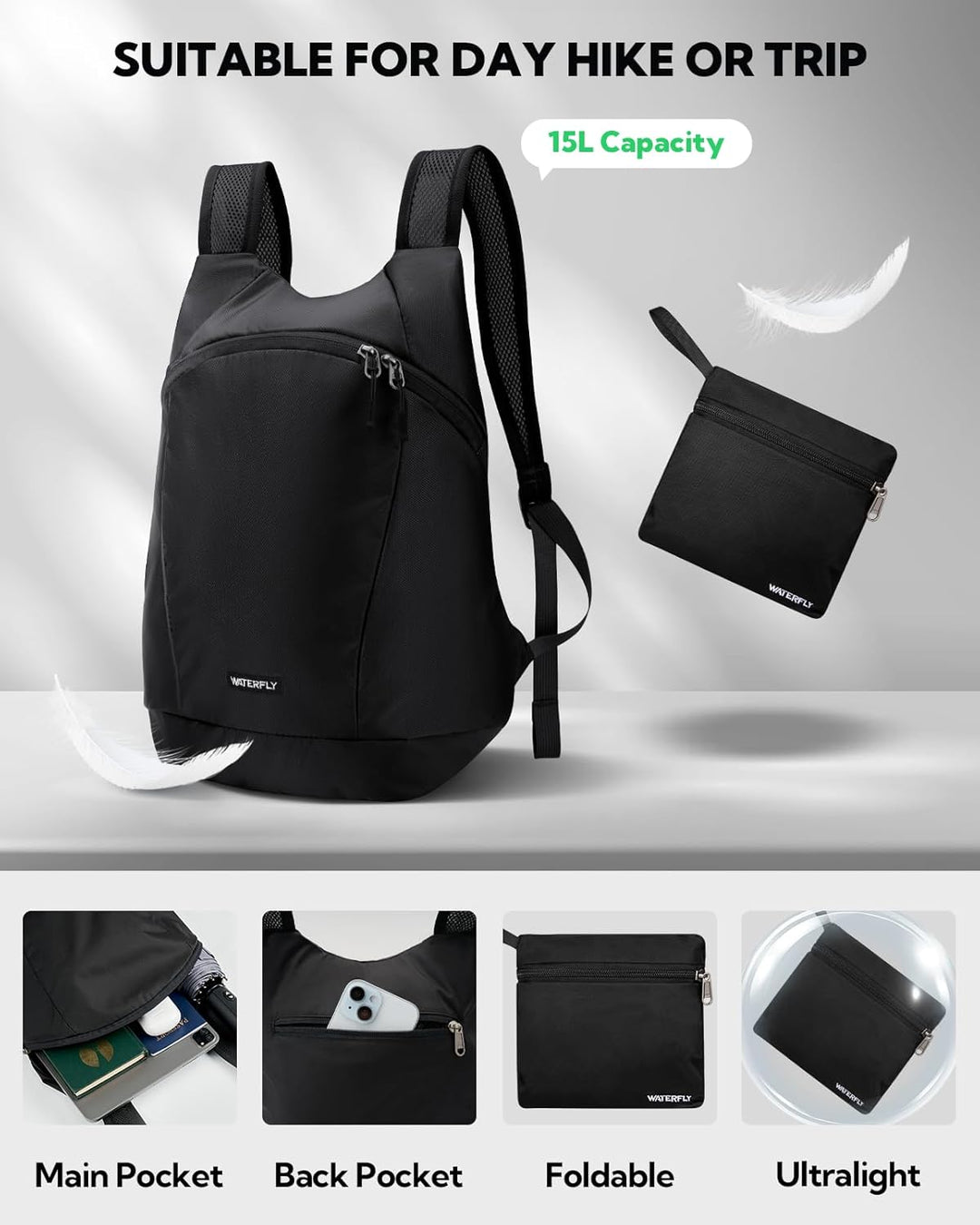 WATERFLY Faltbarer Rucksack Klein 15L: Ultraleicht Wanderrucksack Packable Tagesrucksack Sportliche