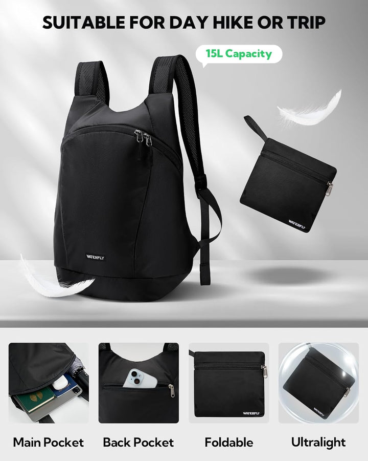 WATERFLY Faltbarer Rucksack Klein 15L: Ultraleicht Wanderrucksack Packable Tagesrucksack Sportliche
