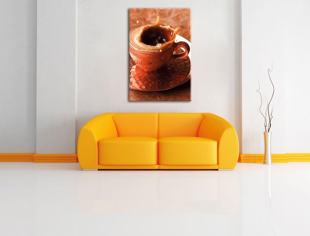 Kaffee spritzt aus Tasse, Format: 100x70 auf Leinwand, XXL riesige Bilder fertig gerahmt mit Keilrah