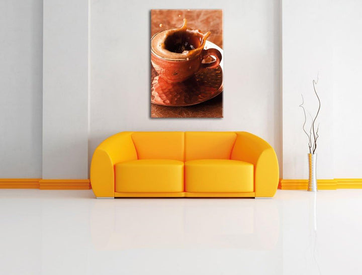 Kaffee spritzt aus Tasse, Format: 100x70 auf Leinwand, XXL riesige Bilder fertig gerahmt mit Keilrah