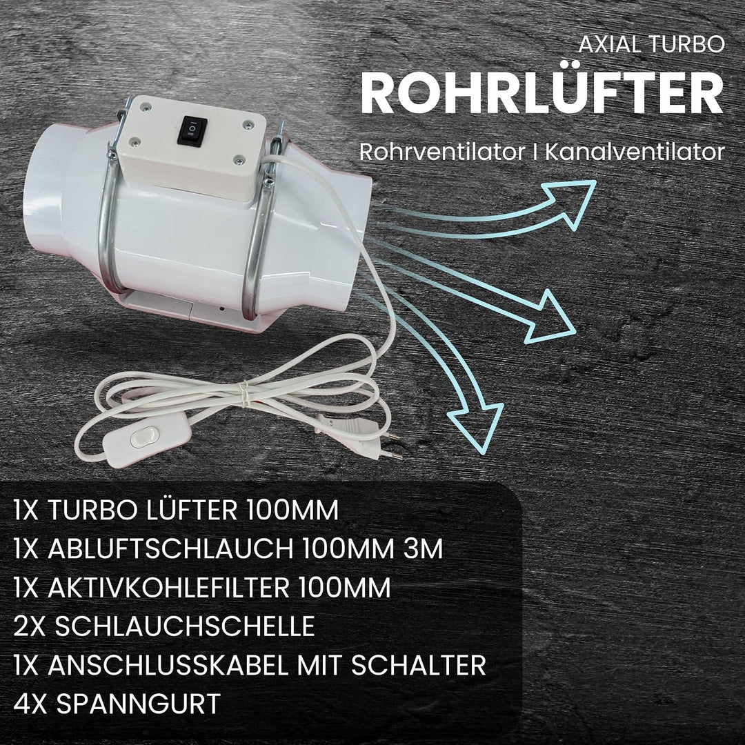 TronicXL Turbo Abluft Set Grow 100mm leise mit Aufhängung Belüftungsset für Growbox Aktivkohlefilter