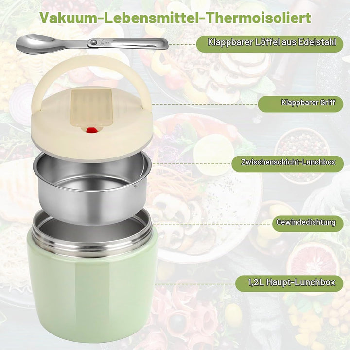 AiQInu Thermobehälter für Essen 1200ml, Warmhaltebehälter mit Vakuumisolation, Thermo Lunchbox, Ther