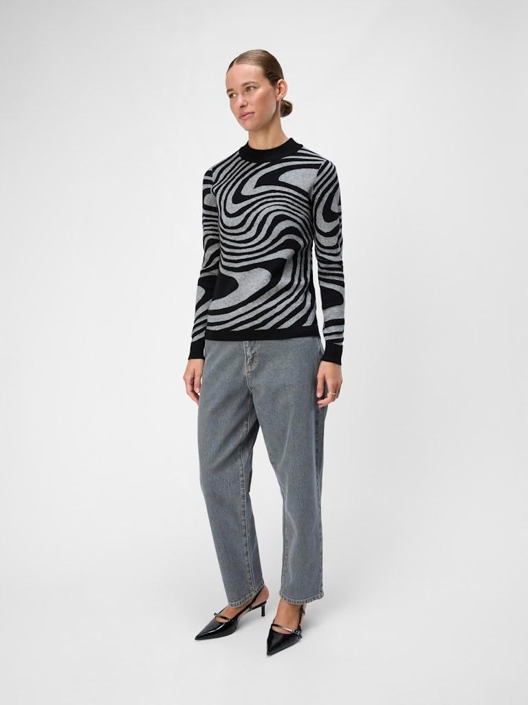 Object Female Pullover OBJRAY L Black/Pattern:medium Grey Melange Zebra, L Black/Pattern:medium Grey
