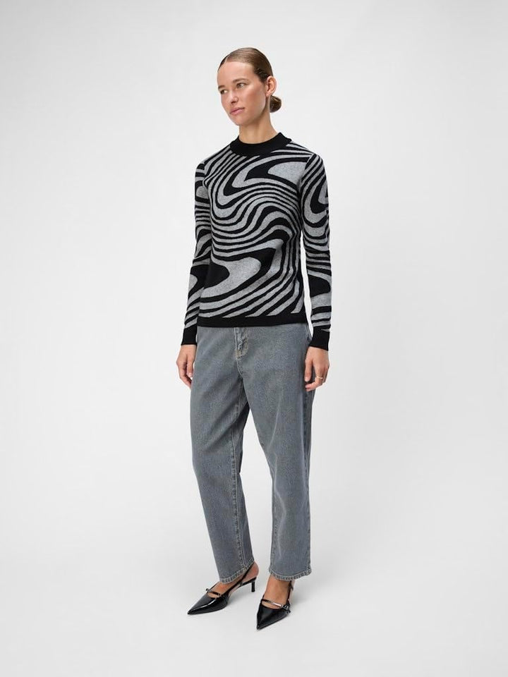 Object Female Pullover OBJRAY L Black/Pattern:medium Grey Melange Zebra, L Black/Pattern:medium Grey
