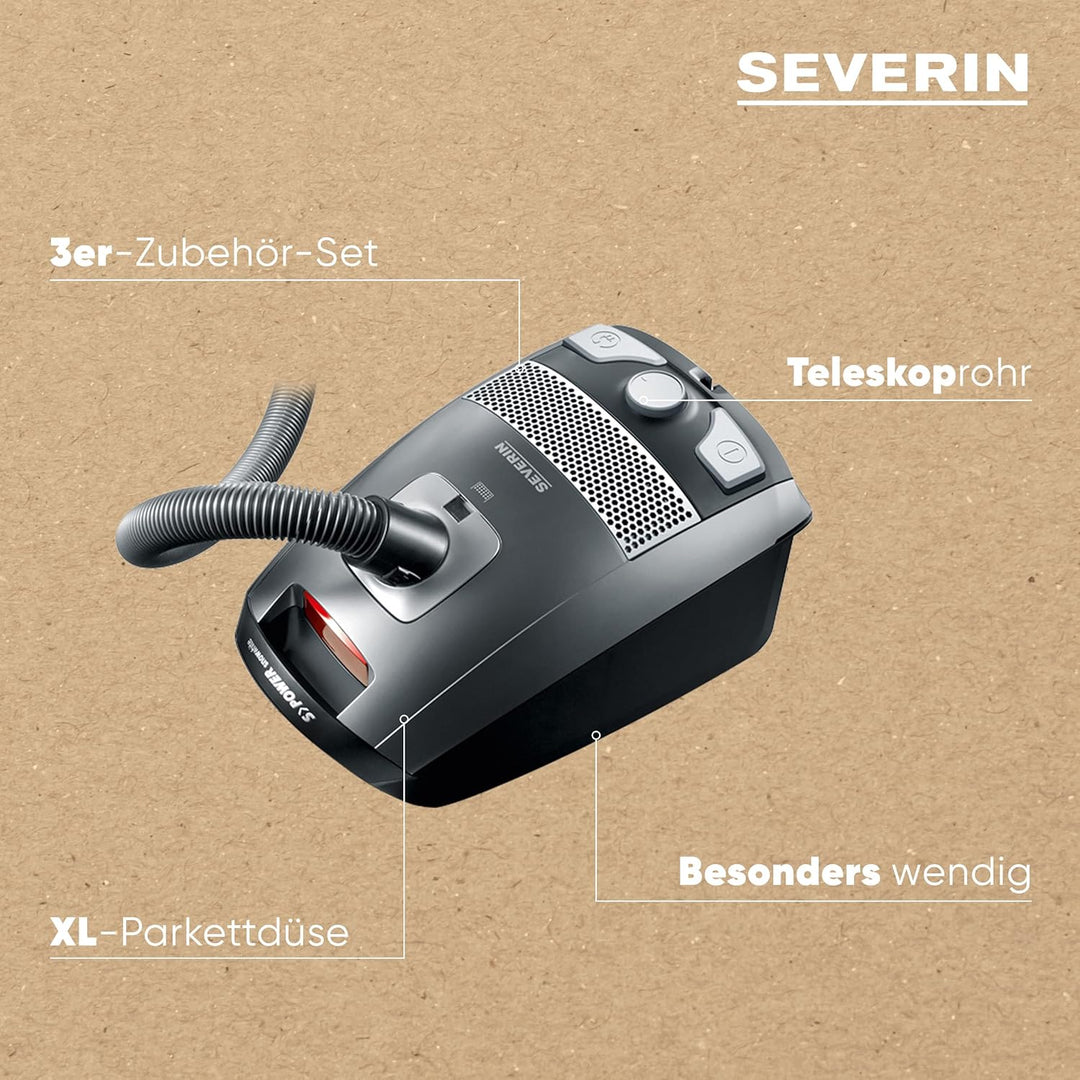 SEVERIN Bodenstaubsauger mit Beutel S'POWER, leistungsstarker Staubsauger mit praktischem Zubehör, l