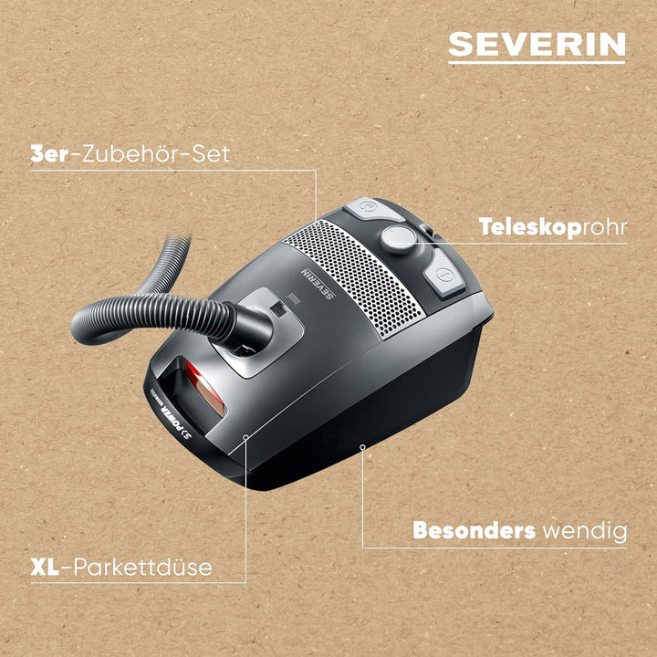 SEVERIN Bodenstaubsauger mit Beutel S'POWER, leistungsstarker Staubsauger mit praktischem Zubehör, l