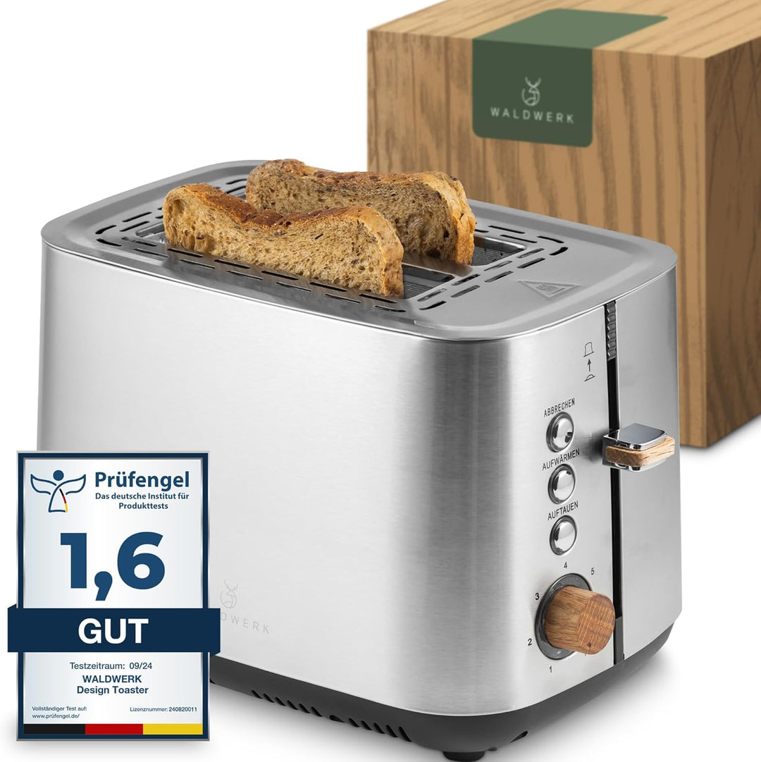 WALDWERK Design Toaster - aus 304 Edelstahl und Eichenholz - für 2 Scheiben - mit Brötchenaufsatz -