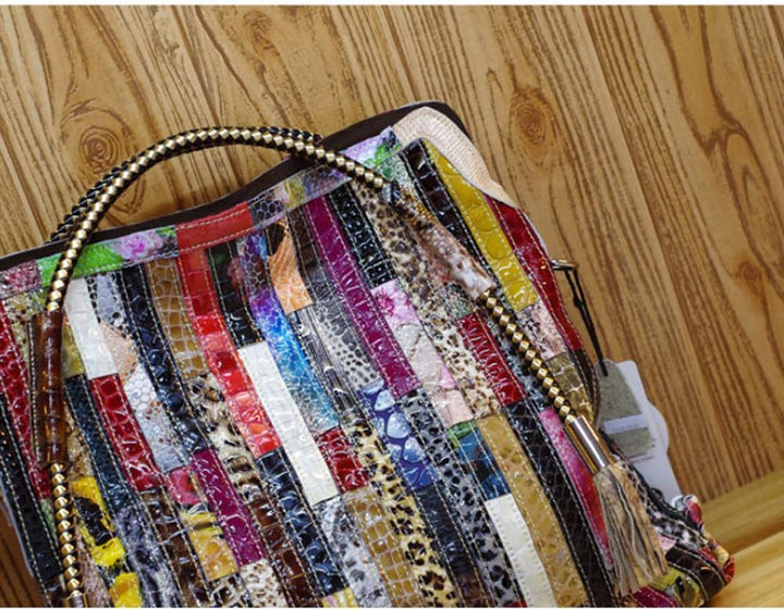 Damen Multicolor Einkaufstasche Echtes Leder Handtasche Bunte Patchwork Grosse Umhängetasche Shopper