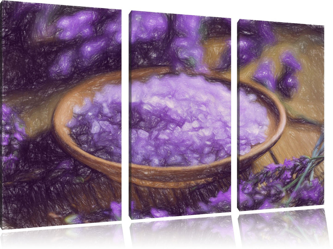 Pixxprint Violettes Badesalz auf Holzuntergrund Kunst Buntstift Effekt 3-Teiler Leinwandbild 120x80