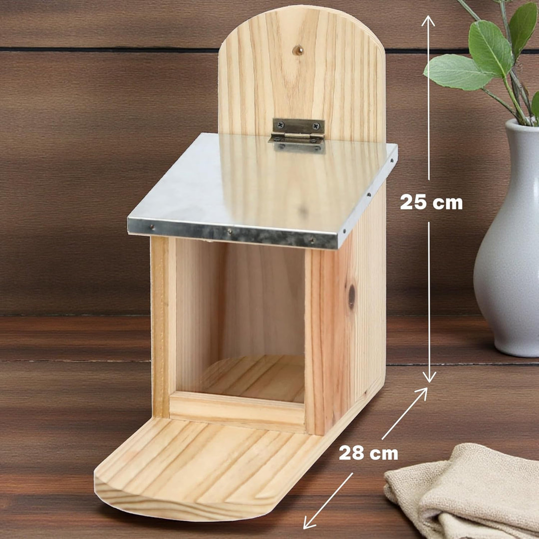 MIJOMA Futterstation für Eichhörnchen – mit Metall-Klappdeckel – aus Tannenholz – für Garten, Balkon