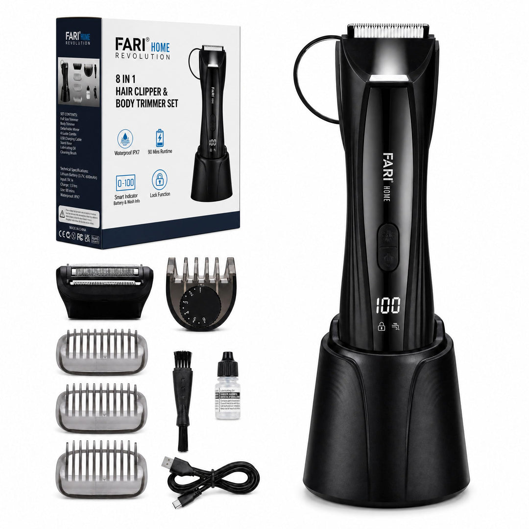 FARI Körper- & Barthaarschneider Herren, 8-in-1 Manscaping Elektrorasierer mit 360° drehbarem Spiege