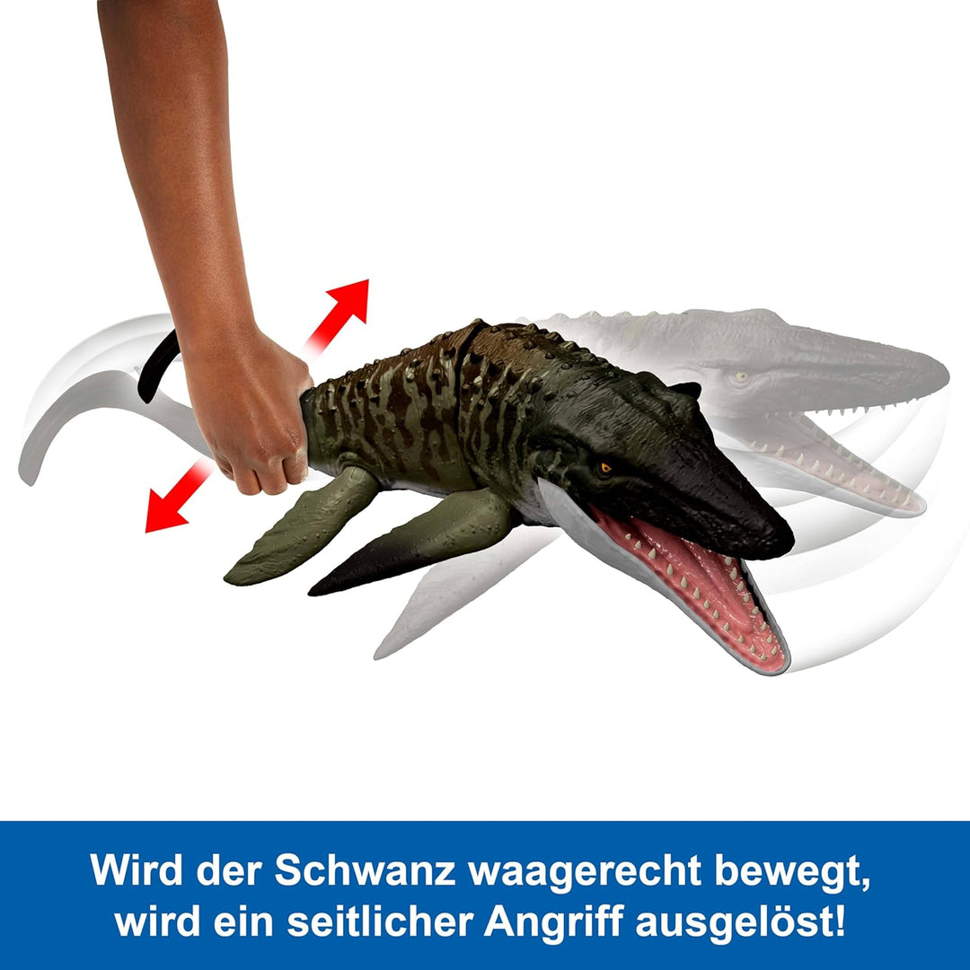 Mattel Jurassic World: Die Wiedergeburt Bite N Blast Mosasaurus Actionfigur und Mini-Dilophosaurus,
