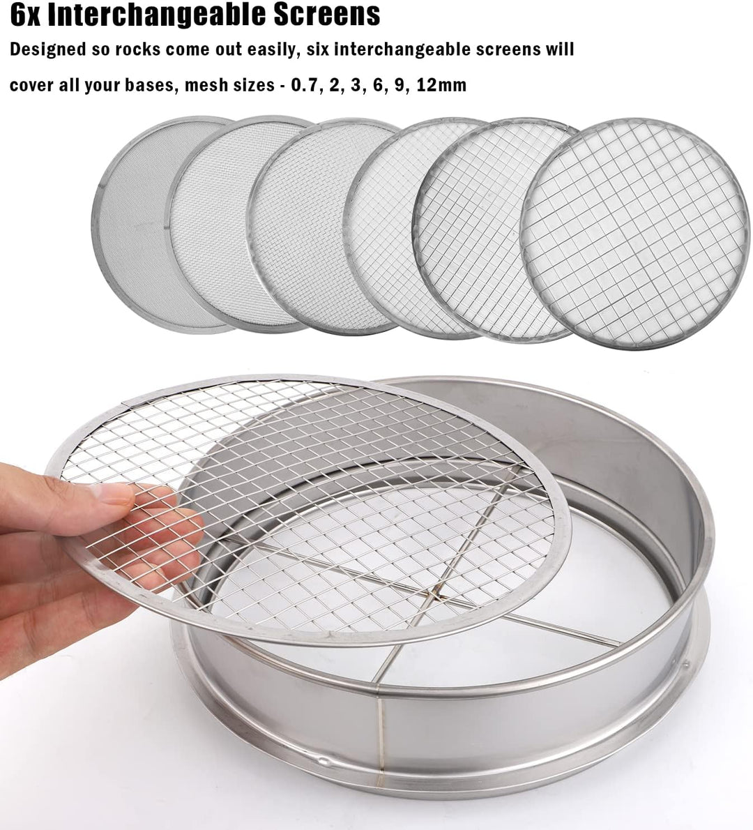 Bodensieb Garten, Edelstahlrahmen 20cm Gartensieb 6 Stück Austauschbare Maschenfilter Bodensieb Set
