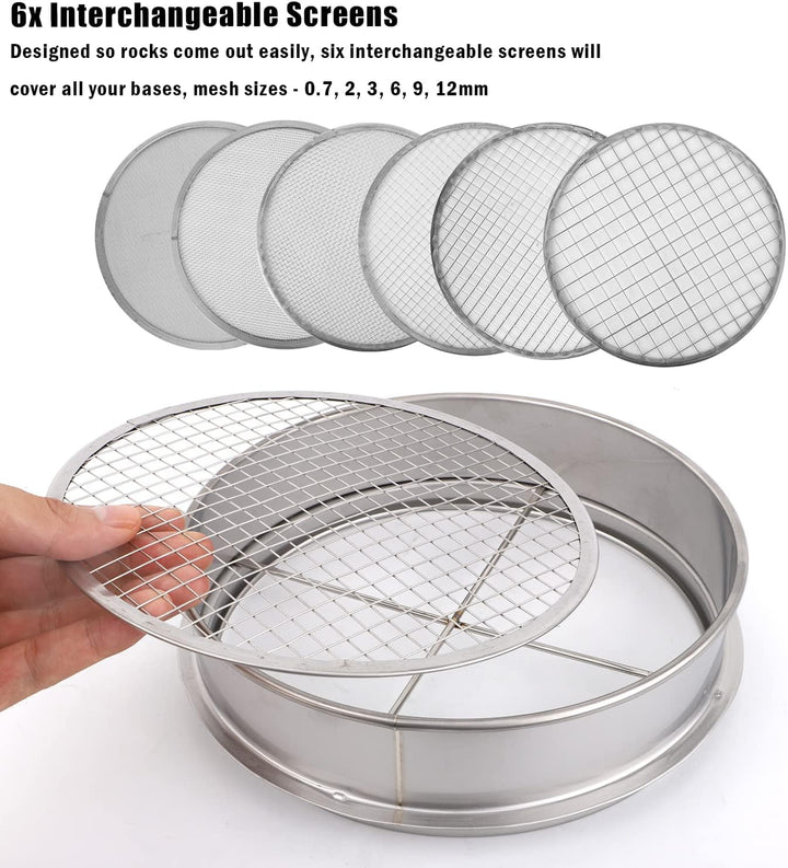Bodensieb Garten, Edelstahlrahmen 20cm Gartensieb 6 Stück Austauschbare Maschenfilter Bodensieb Set