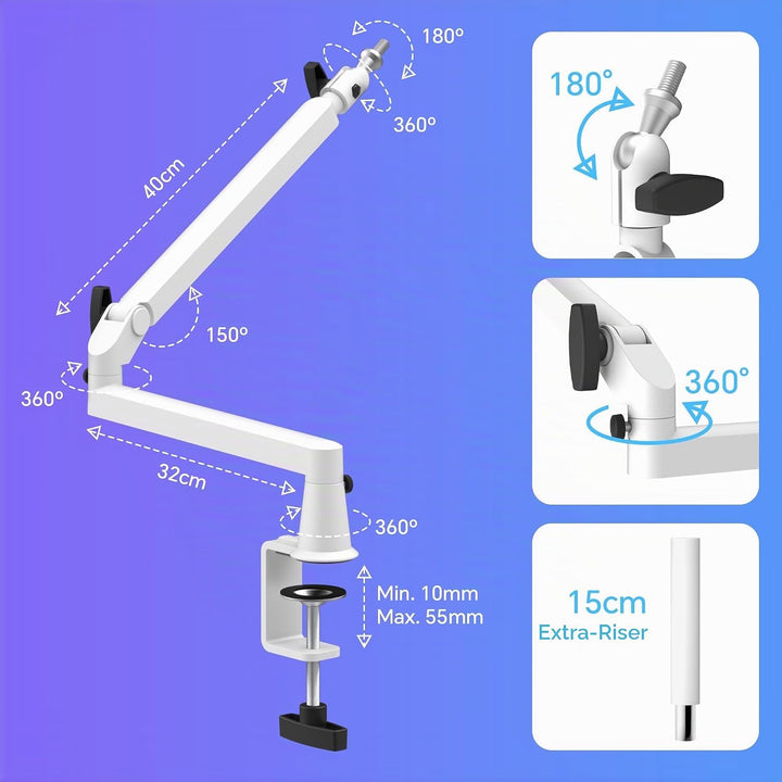 Mikrofonarm Niedrigprofil mit 15cm Verlängerung, Verstellbarer Mikrofonarm aus Metall, Kabelmanageme