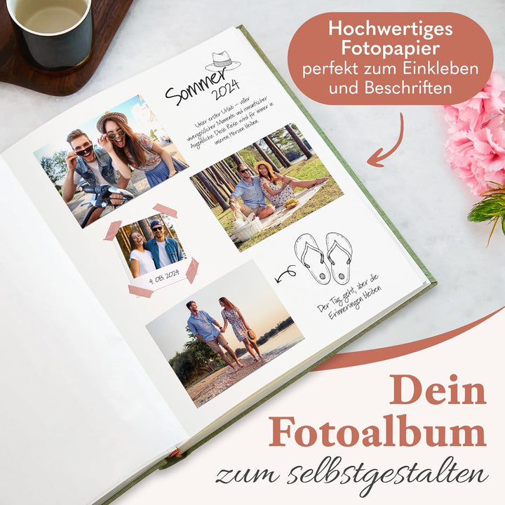 Fotoalbum zum Einkleben - Platz für 500 Fotos (100 Seiten oder 50 Blatt). Echtes leinen in grün Foto