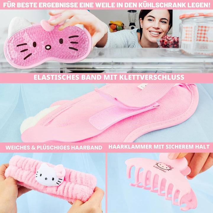 Hello Kitty Sanrio Beauty Set mit Gel Augenmaske Kühlend, Augen Pads, Haarband Damen & Haarklammer,
