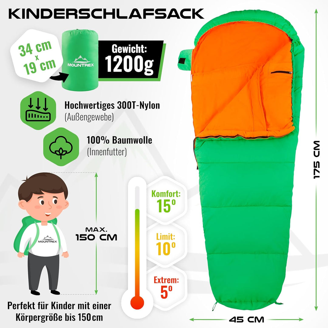 MOUNTREX® Kinderschlafsack - Tragbar wie ein Rucksack - Schlafsack für Kinder (175 x 70 x 45 cm) - O