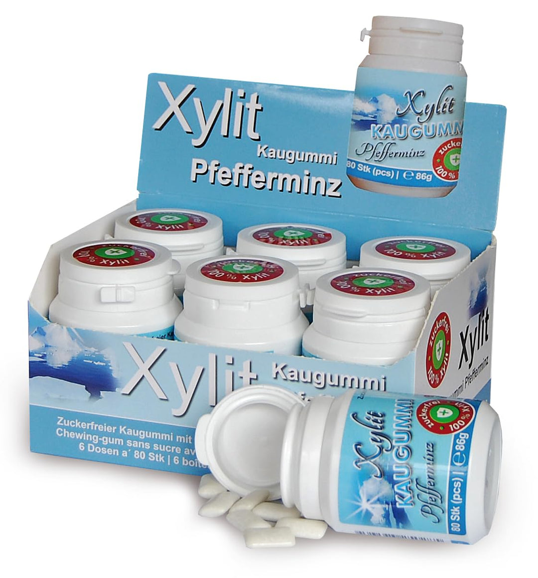 Xylitquelle Zahnpflegekaugummi PFEFFERMINZ | 6 x 80 Stk | 100% Xylit für angenehmen Atem | zuckerfre
