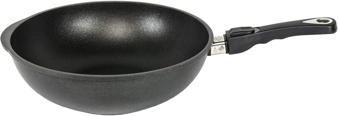 AMT Gastroguss Wok 32 cm Ø, 10 cm hoch, Wokpfanne, induktionsgeeignet, abnehmbarer Stiel, Lotan® Ant