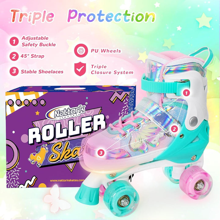 Nattork Kinder Rollschuhe für Mädchen und Jungen, 4 Grössen Verstellbar, Vierrad-Rollschuhe mit Schm