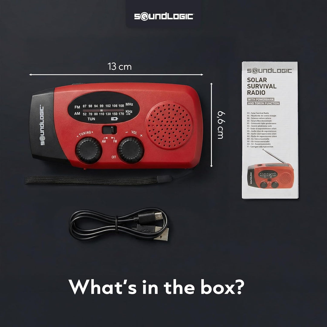 Soundlogic Notfallradio Solar | Kurbelradiof mit Powerbank & LED Taschenlampe | AM/FM Radio | USB-C