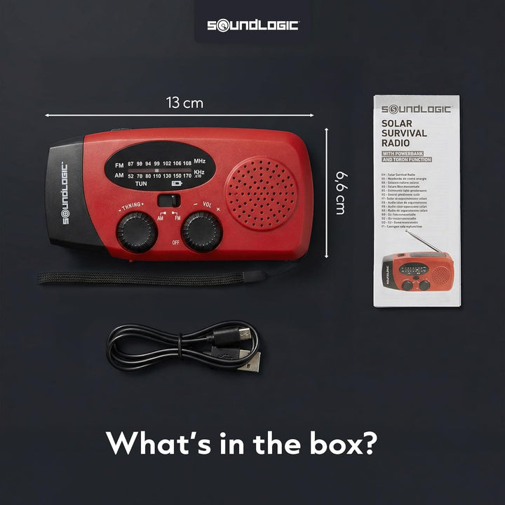 Soundlogic Notfallradio Solar | Kurbelradiof mit Powerbank & LED Taschenlampe | AM/FM Radio | USB-C