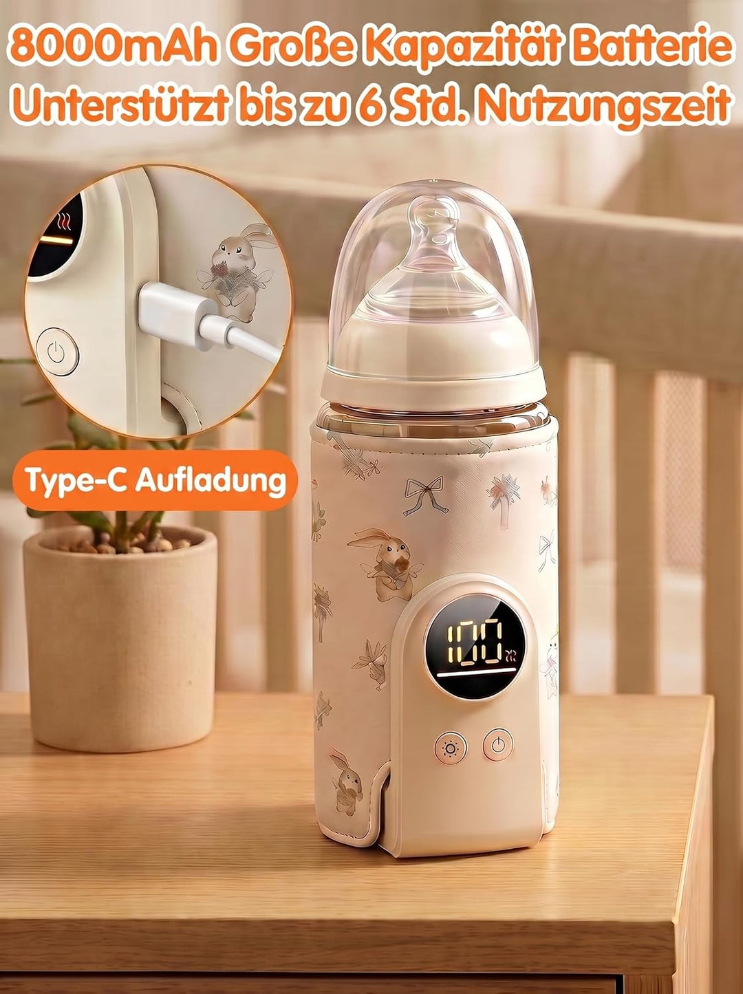 Flaschenwärmer Baby Unterwegs mit 6-10h Wärmehaltung | 6 Temperaturstufen 38-50℃, 8000mAh Akku &amp; 18W