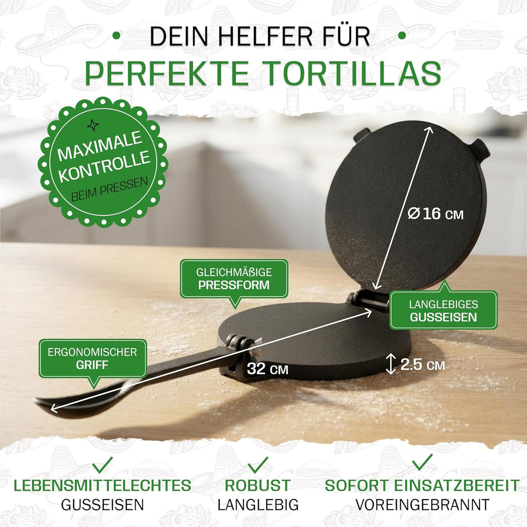 Tortillada - Tortilla Presse/Quesadilla, Roti Maker aus Gusseisen mit Rezepten (16cm) inkl. E-Book m