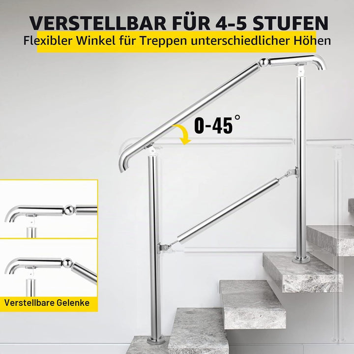 Happybuy Treppengeländer 5 Stufen, Hauseingang Handlauf Edelstahl mit Pfosten, Verstellbare Eingangs