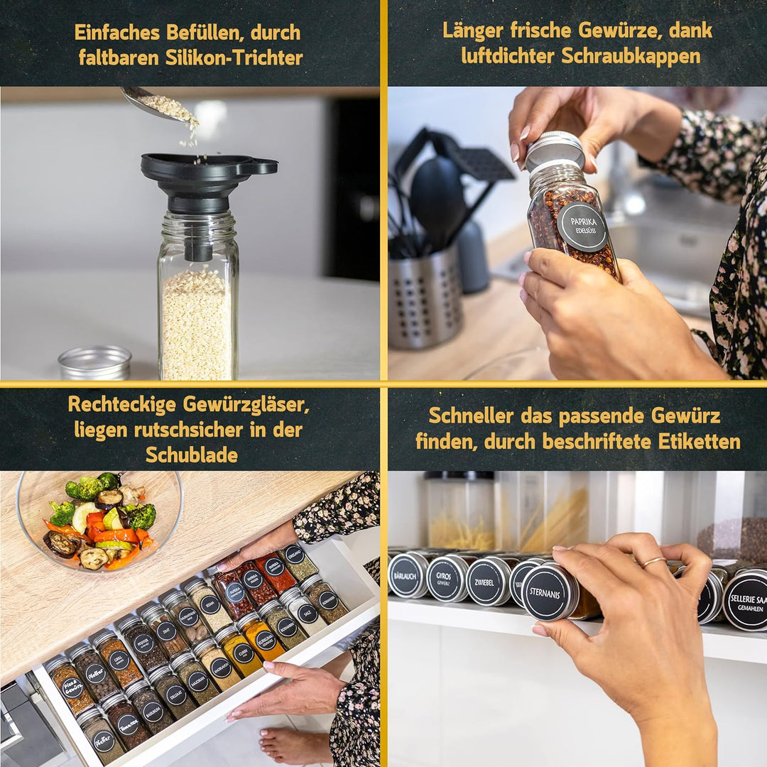 Cuccinara® Gewürzgläser Set [Eckig - 24 Stk. I 120ml - 10,5cm x 4,3cm] mit Gewürzetiketten, Streuein