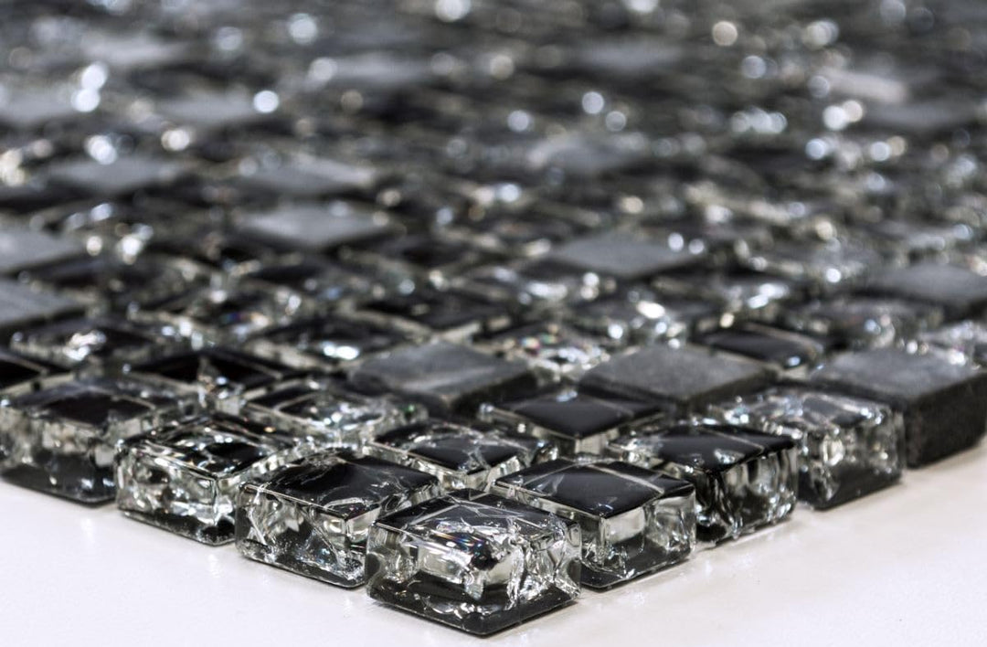 Mosaik Quadrat Crystal/Stein mix schwarz Glasmosaik Transluzent Transparent 3D, Mosaikstein Format: