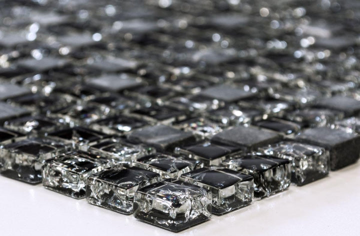 Mosaik Quadrat Crystal/Stein mix schwarz Glasmosaik Transluzent Transparent 3D, Mosaikstein Format: