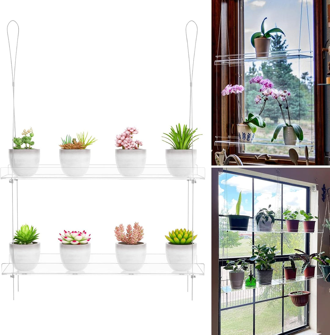 2-stöckiges transparentes Hängeregal, 40,6 cm, für Innenfenster, Pflanzenständer, Blumentopf-Organiz