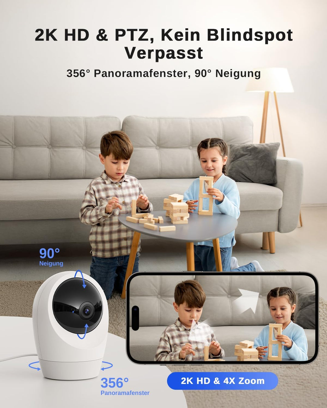 24/7 Aufzeichnung 4G LTE Überwachungskamera Innen mit SIM Karte, 2K Kamera ohne WLAN, 355°/90° Schwe