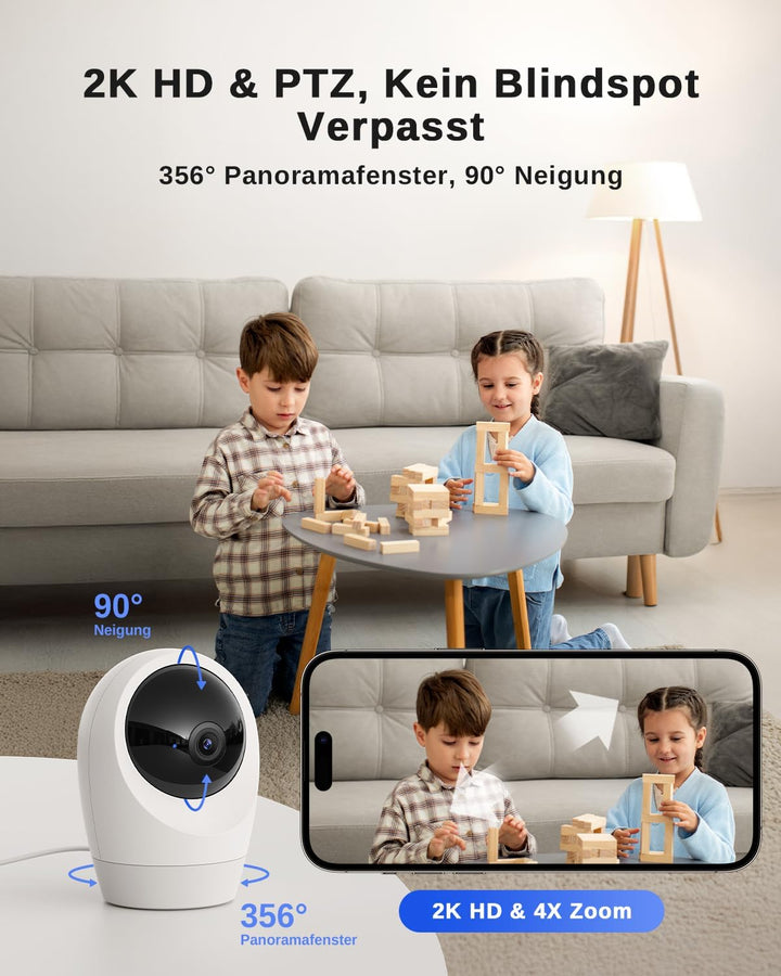 24/7 Aufzeichnung 4G LTE Überwachungskamera Innen mit SIM Karte, 2K Kamera ohne WLAN, 355°/90° Schwe
