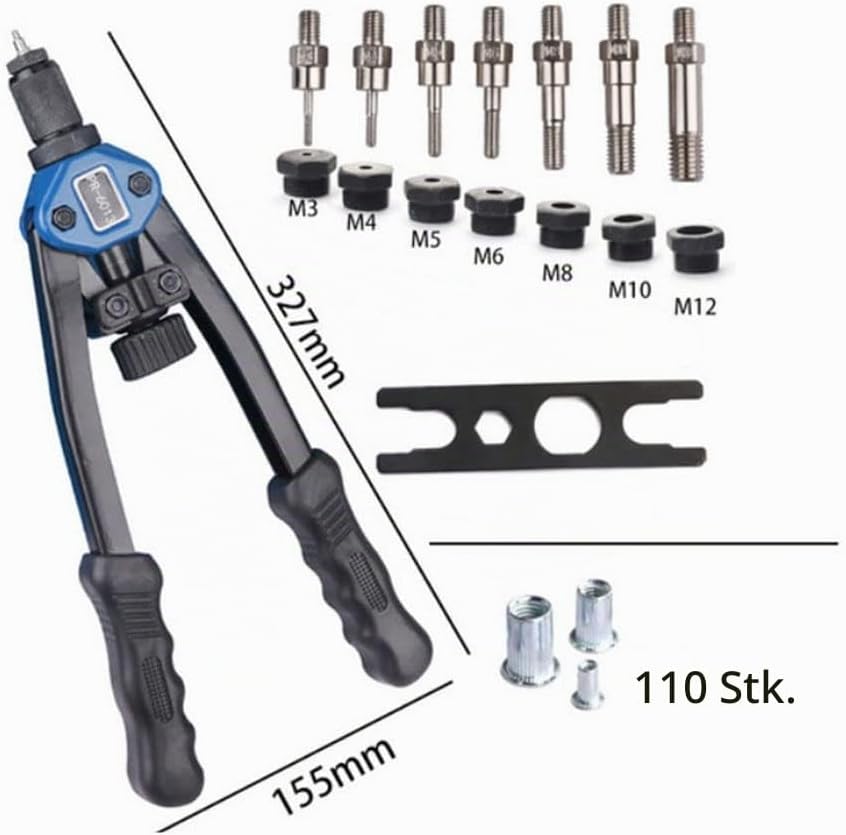 Handnietwerkzeugsatz, 33 cm lange Griffe mit 7 metrischen Dornen und 110 Nietmuttern von M3 bis M12