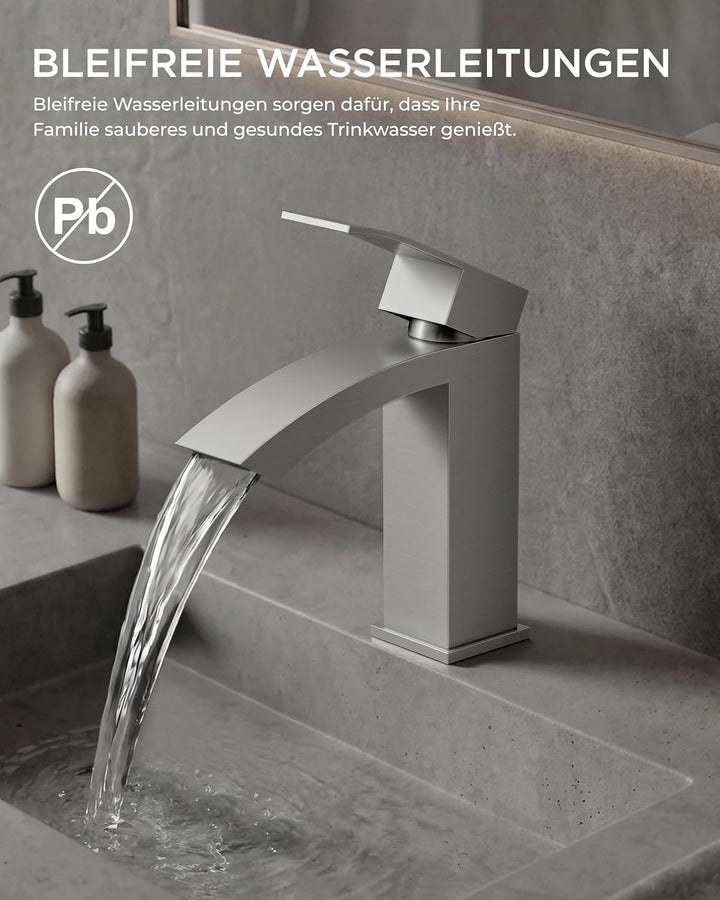 FORIOUS Wasserhahn Bad, Wasserfall Waschtischarmatur mit Auslauf Höhe 100 mm, Mischbatterie Armatur