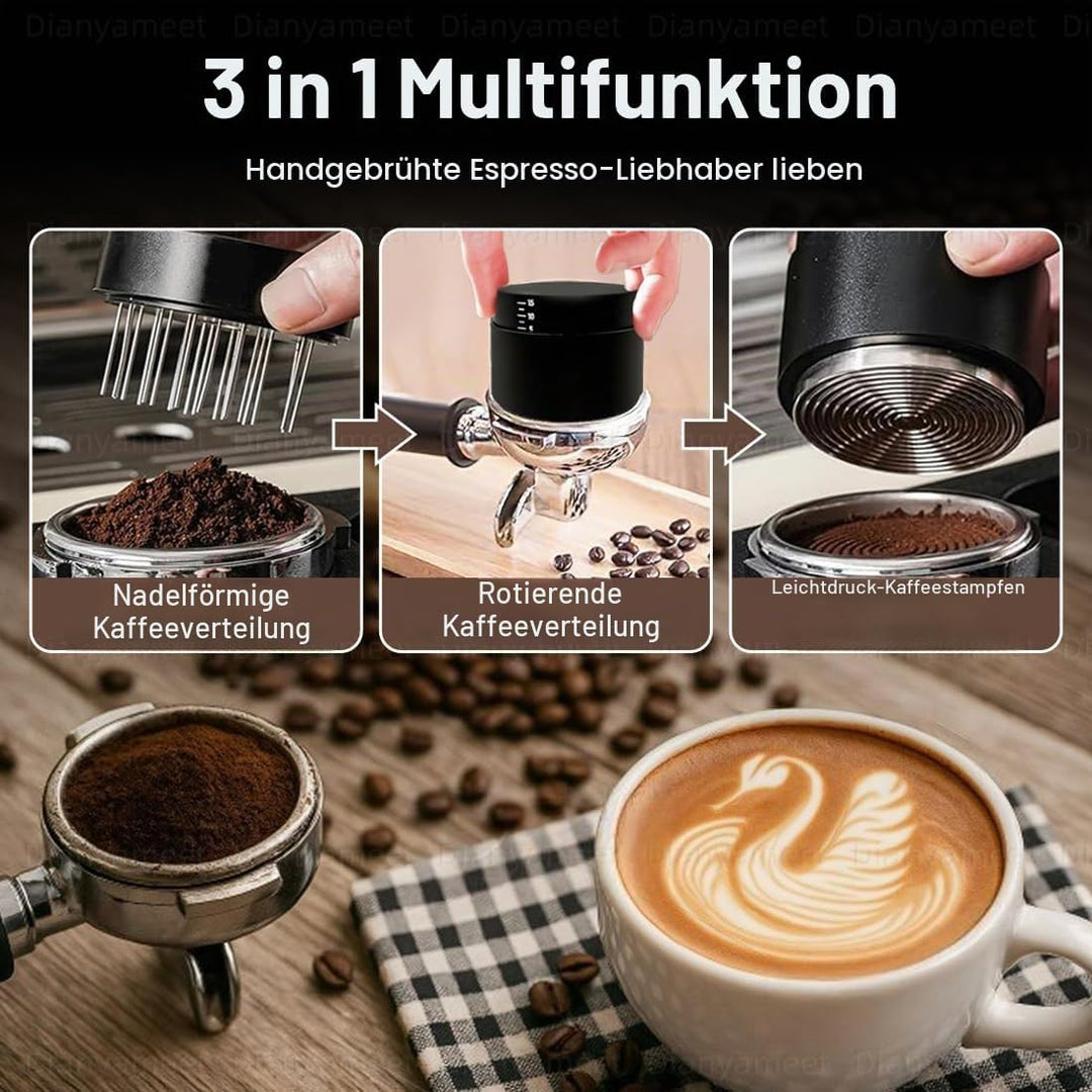 Espresso Tamper 53mm, 3-in-1 Kaffeeverteiler mit WDT Werkzeug, Einstellbare Tiefe Kaffeestempel mit