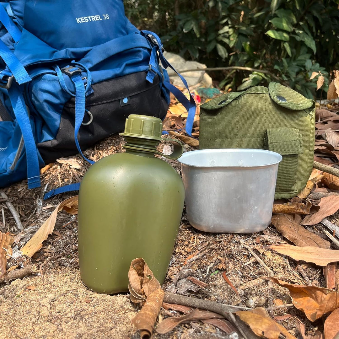 BeGrit Feldflaschenbecher Tragbar 1L Militär Überleben Trinkflasche Camping Wasserflasche mit Alumin