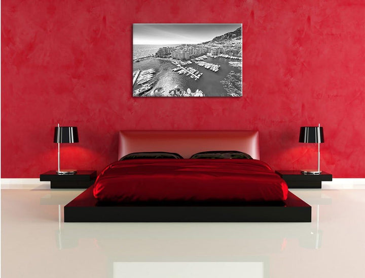 Pixxprint Atemberaubende Küste von Monaco Kunst B&W, Format: 100x70 auf Leinwand, 100x70