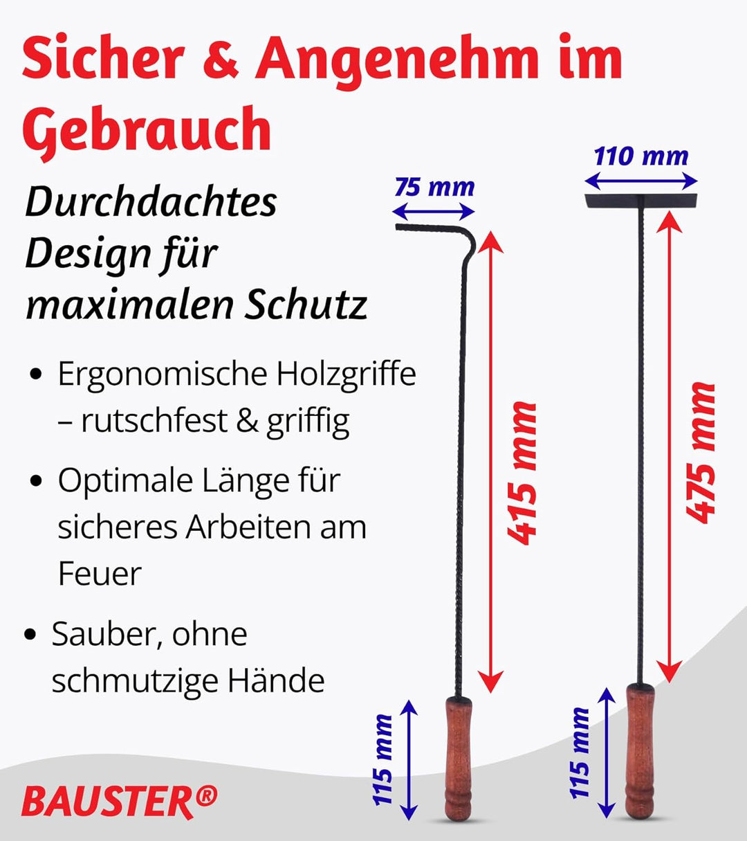 BAUSTER® Kaminbesteck Set Mit Schürhaken, Aschekratzer, Kehrschaufel und Kohlenkasten/Aschebehälter